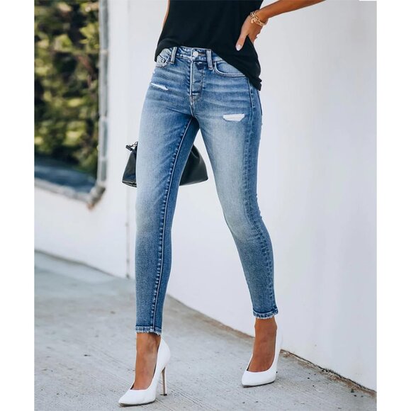 Women's Ripped Skinny Jeans Stretch Denim Pants Light Distressed Medium Wash - Picture 3 of 5